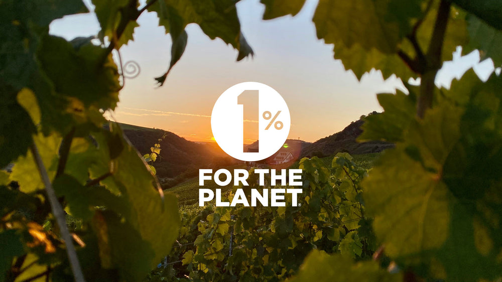 1% for the planet logo overlayed on a vineyard backdrop