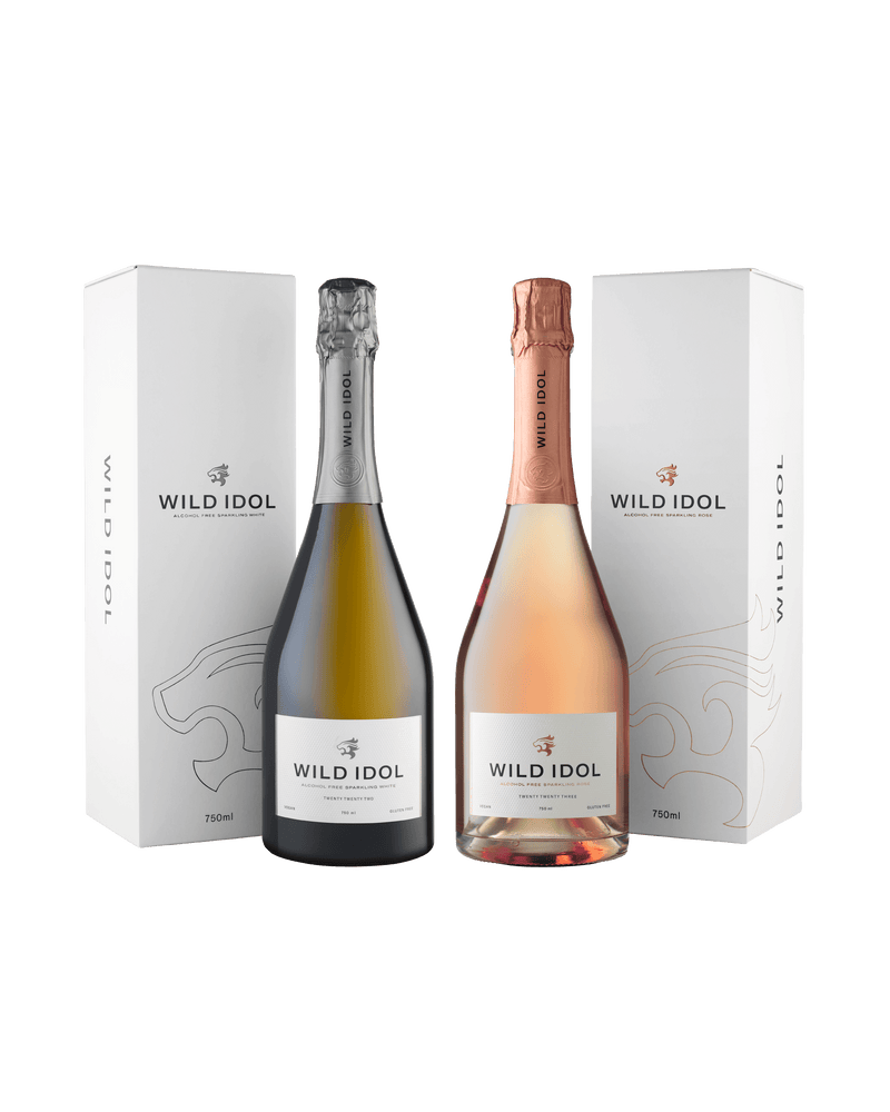 Non alcoholic gift ideas: bottles of Wild Idol alcohol free sparkling rosé & white wine