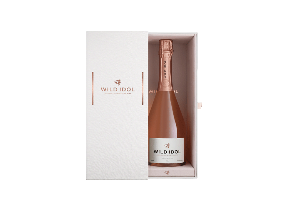 A bottle of Wild Idol alcohol free sparkling rosé, a great non alcoholic gift